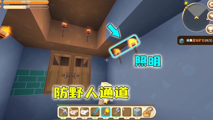 迷你世界：为了预防野人偷小鱼，我做好了障碍，还点了好多的火把