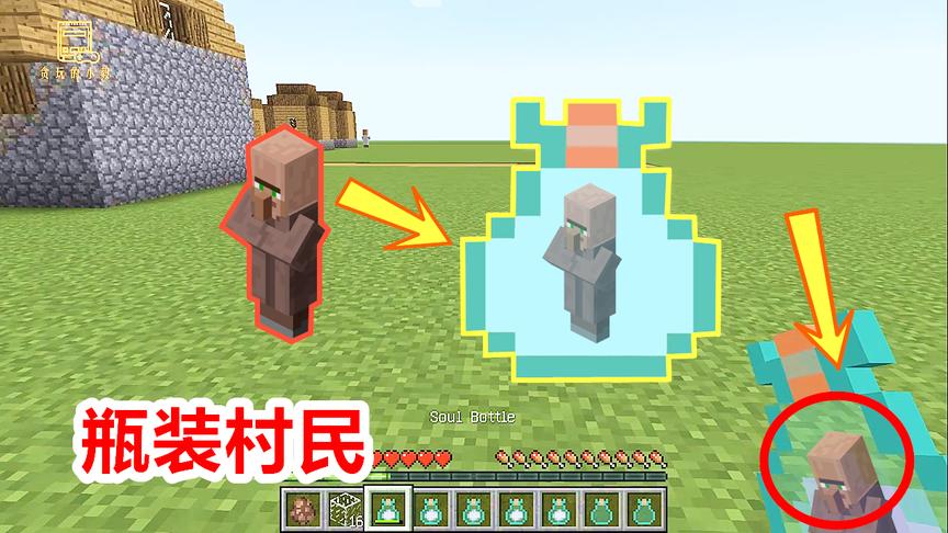 玩家拿出1个瓶子！能把村民装进去，制作一个移动村庄！