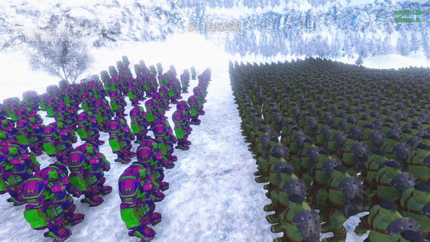 史诗战争模拟器：100个重装钢铁侠，在雪地大战1000个绿巨人浩克