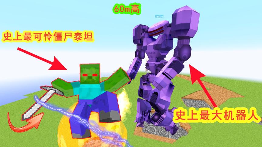 我的世界：60米高史上最大机器人VS最新版泰坦，按在地下摩擦！
