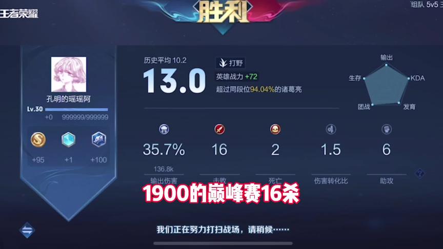 1900分巅峰赛16杀carry全场，这就是野核诸葛#腾讯红魔游戏手机6R